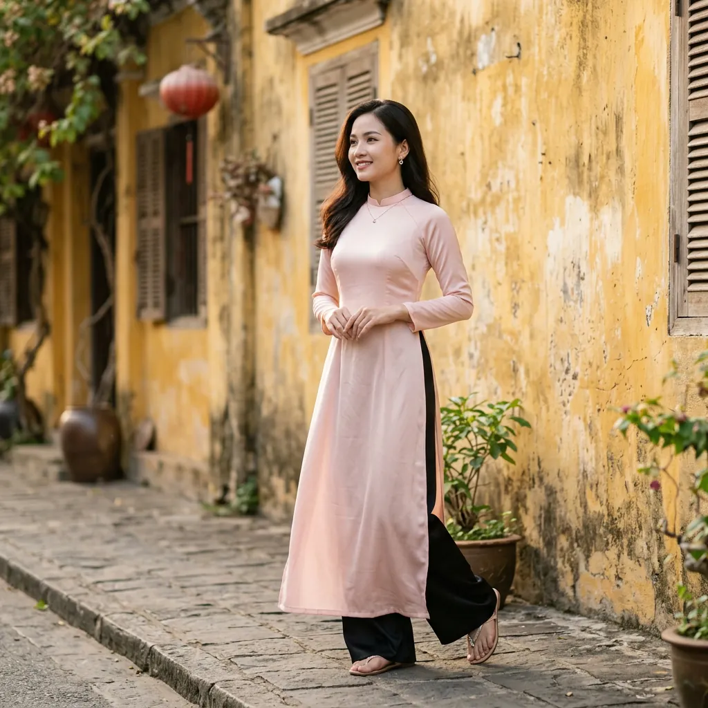 Hướng dẫn tạo dáng thướt tha khi mặc áo dài, với tư thế đứng nghiêng người và tay đặt nhẹ nhàng.