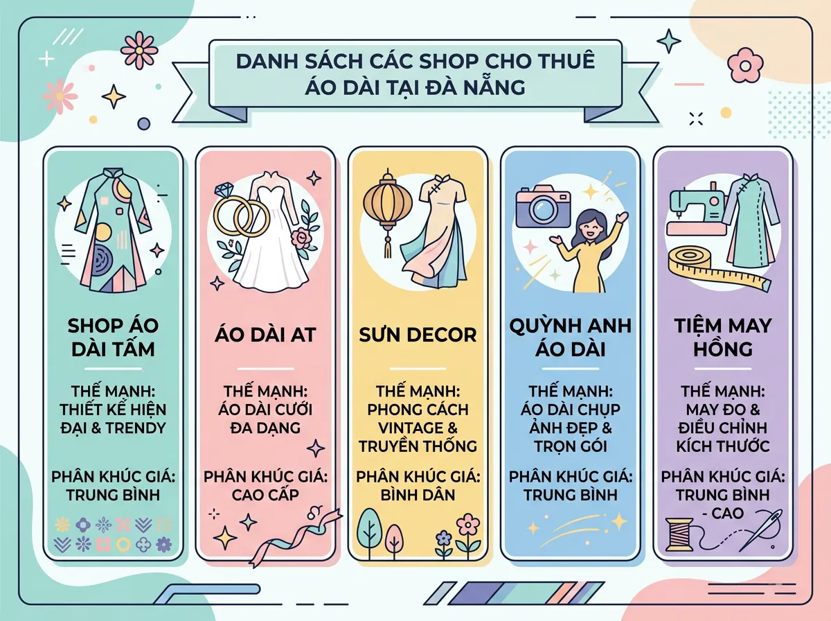 Infographic so sánh nhanh 5 địa chỉ cho thuê áo dài tại Đà Nẵng, với các tiêu chí về giá và thế mạnh.