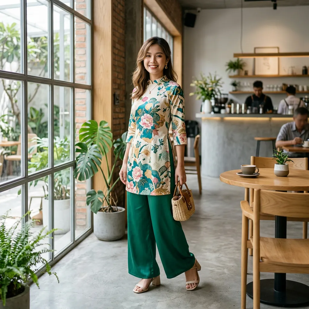 Một cô gái trẻ mặc áo dài cách tân của TẤM Design, thể hiện sự tinh tế và dẫn đầu xu hướng.