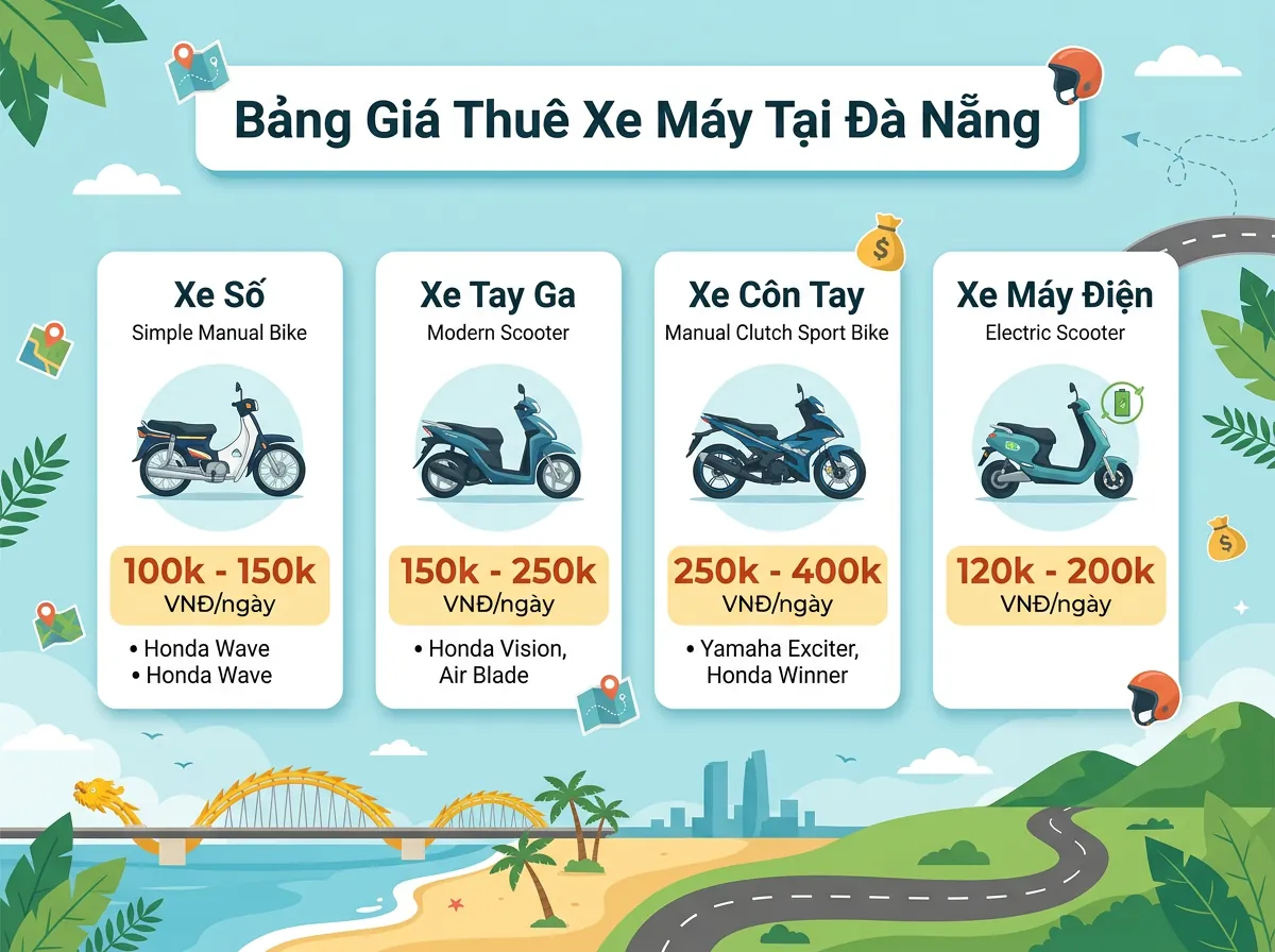 Bảng giá tham khảo cho thuê xe máy tại Đà Nẵng theo từng loại xe: xe số, xe tay ga, xe côn tay, và xe máy điện.