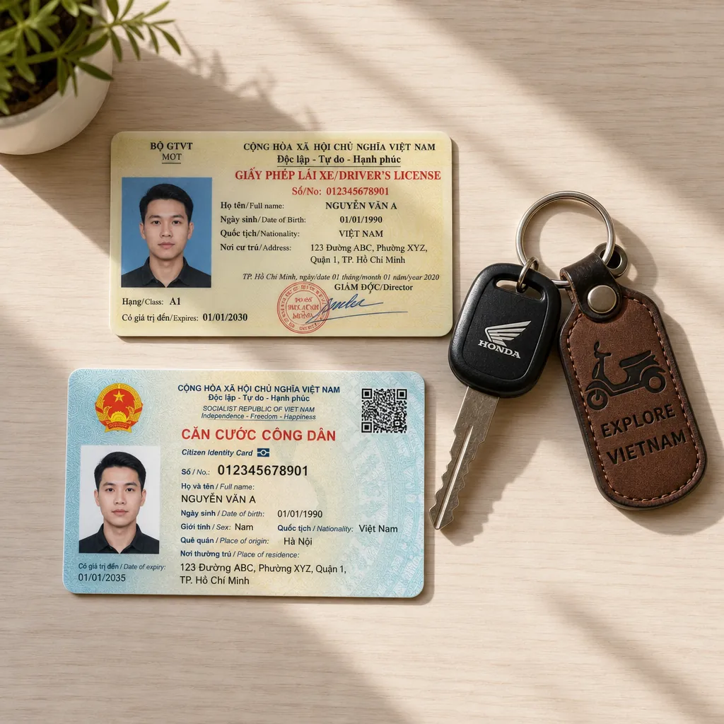 Giấy tờ cần thiết khi thuê xe máy: Căn cước công dân và Giấy phép lái xe được đặt ngay ngắn trên bàn.
