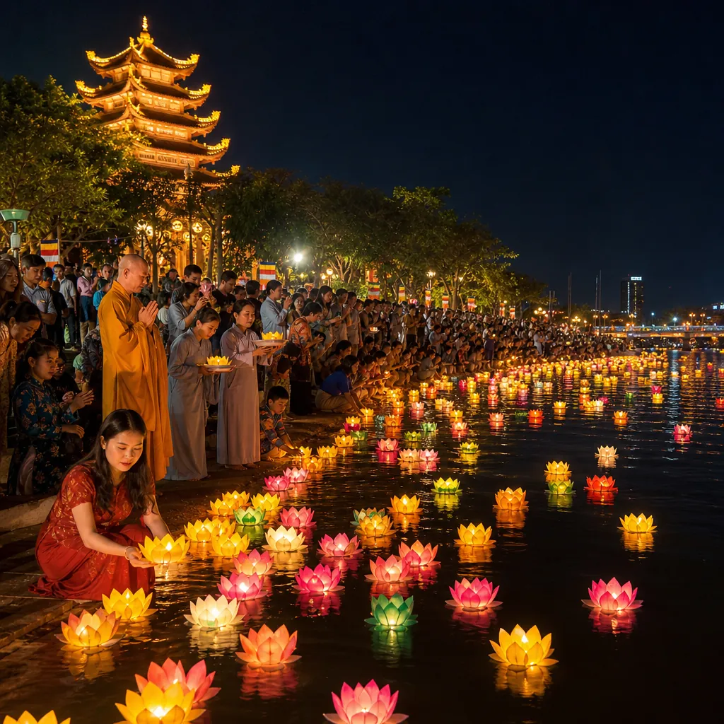 Cảnh lễ hội thả hoa đăng trên sông Cổ Cò tại chùa Quán Thế Âm, lung linh và trang nghiêm.