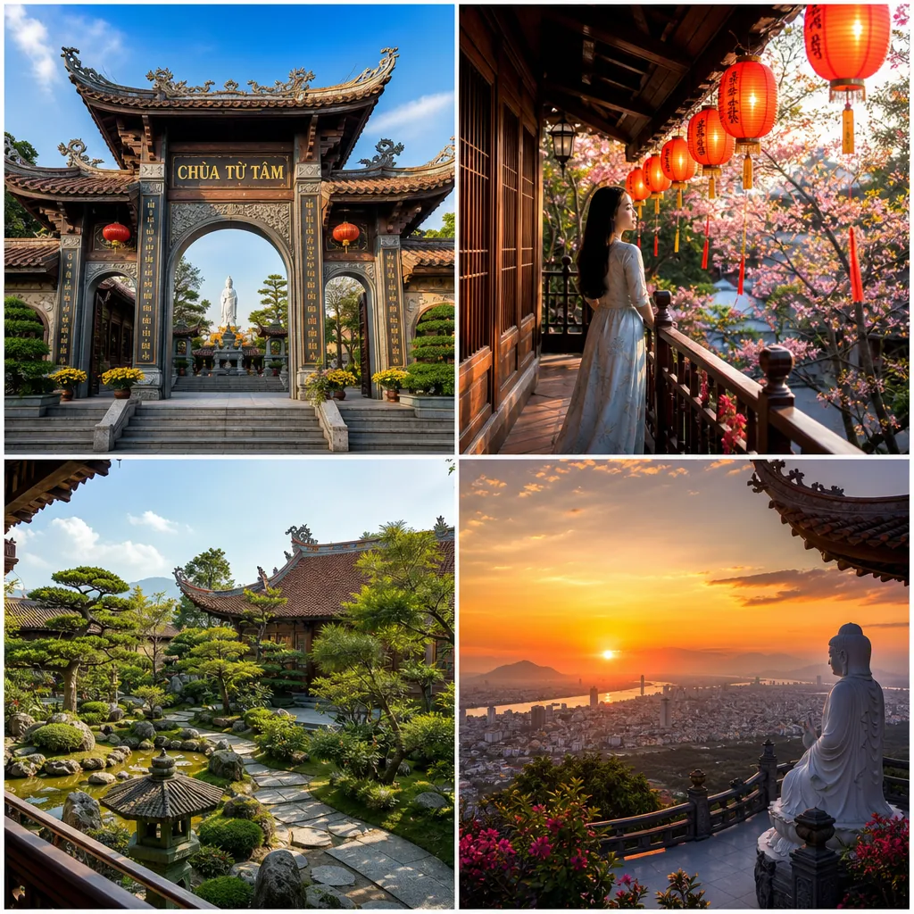 Album ảnh 4 góc chụp đẹp tại chùa Từ Tâm: cổng chùa, hiên gỗ, sân vườn, và view hoàng hôn.