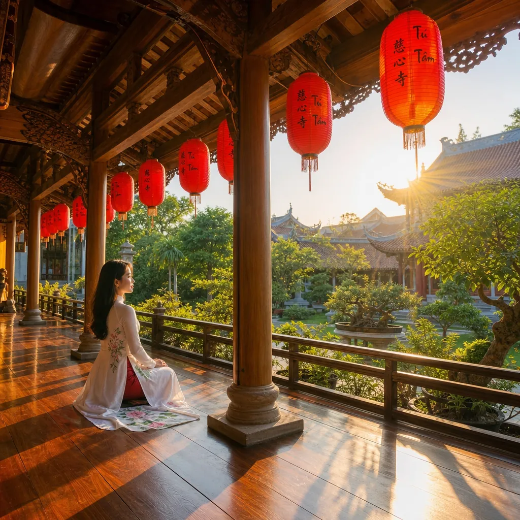 Một cô gái ngồi trên hiên gỗ của chùa Từ Tâm Đà Nẵng, phía trên là dãy đèn lồng đỏ.