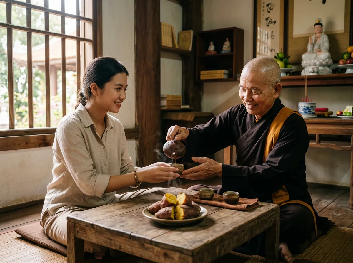 Một nhà sư đang mời trà cho du khách trong không gian thanh tịnh tại chùa Từ Tâm.