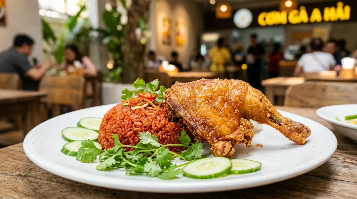 Đĩa cơm gà chiên da giòn và xôi đỏ hấp dẫn tại quán A Hải Đà Nẵng.