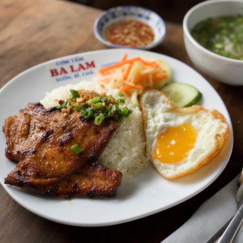 Đĩa cơm tấm Ba Lam với miếng sườn ướp vị gia truyền đặc trưng và trứng ốp la lòng đào.