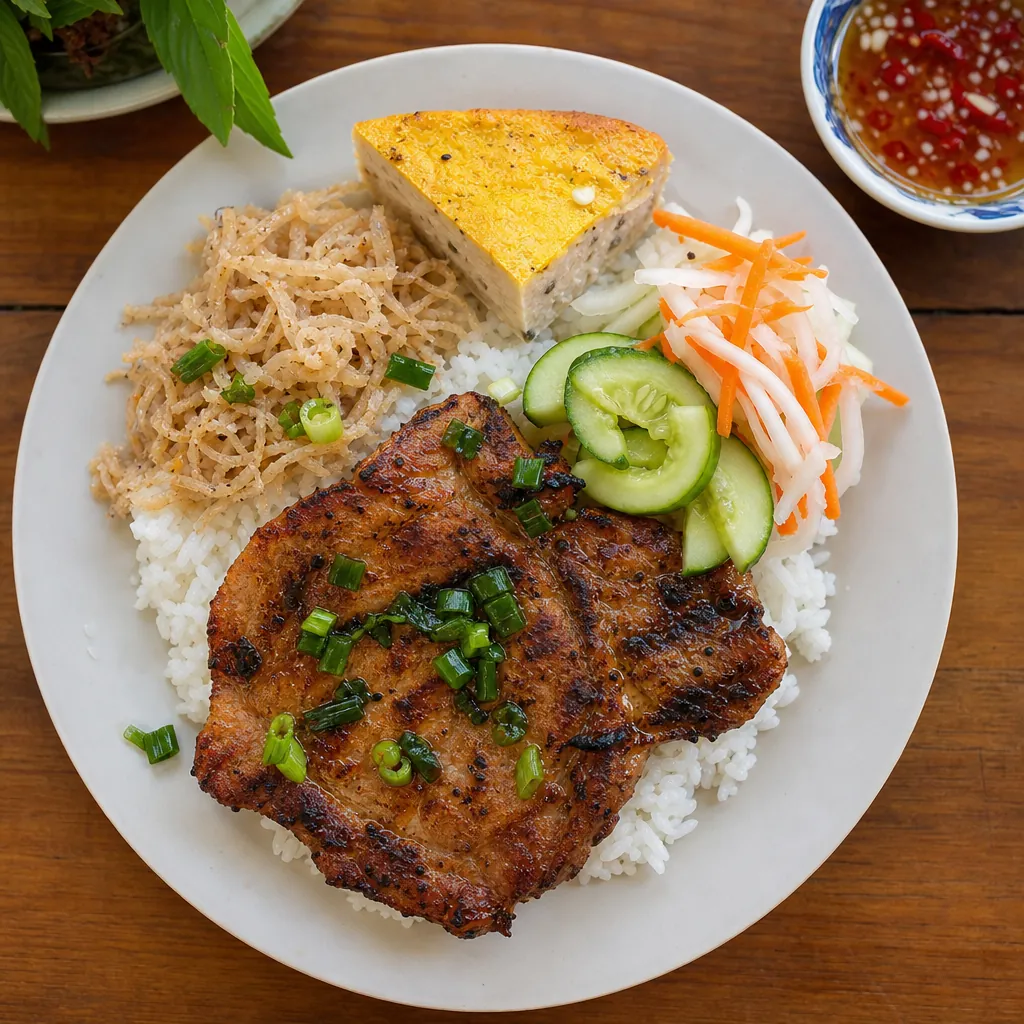 Đĩa cơm tấm Đà Nẵng đầy đủ sườn bì chả được bày biện đẹp mắt dưới ánh sáng ấm áp.
