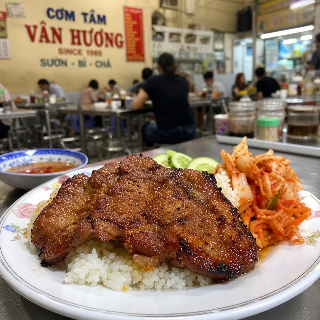 Đĩa cơm tấm sườn nướng kèm kim chi tại quán Vân Hương, một địa chỉ lâu đời ở Đà Nẵng.