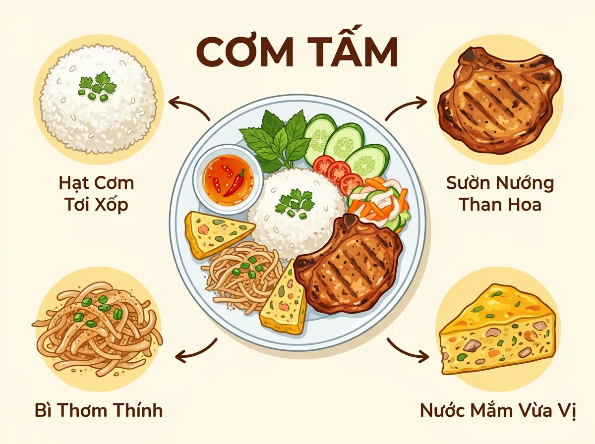 Infographic phân tích các yếu tố tạo nên một đĩa cơm tấm hoàn hảo: cơm, sườn, bì, chả và nước mắm.