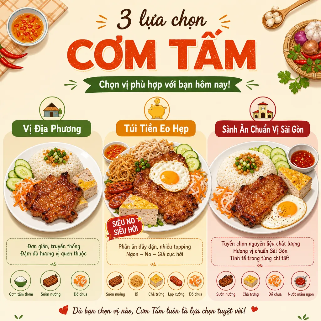 Infographic so sánh ba lựa chọn cơm tấm Đà Nẵng nổi bật cho từng nhu cầu khác nhau.