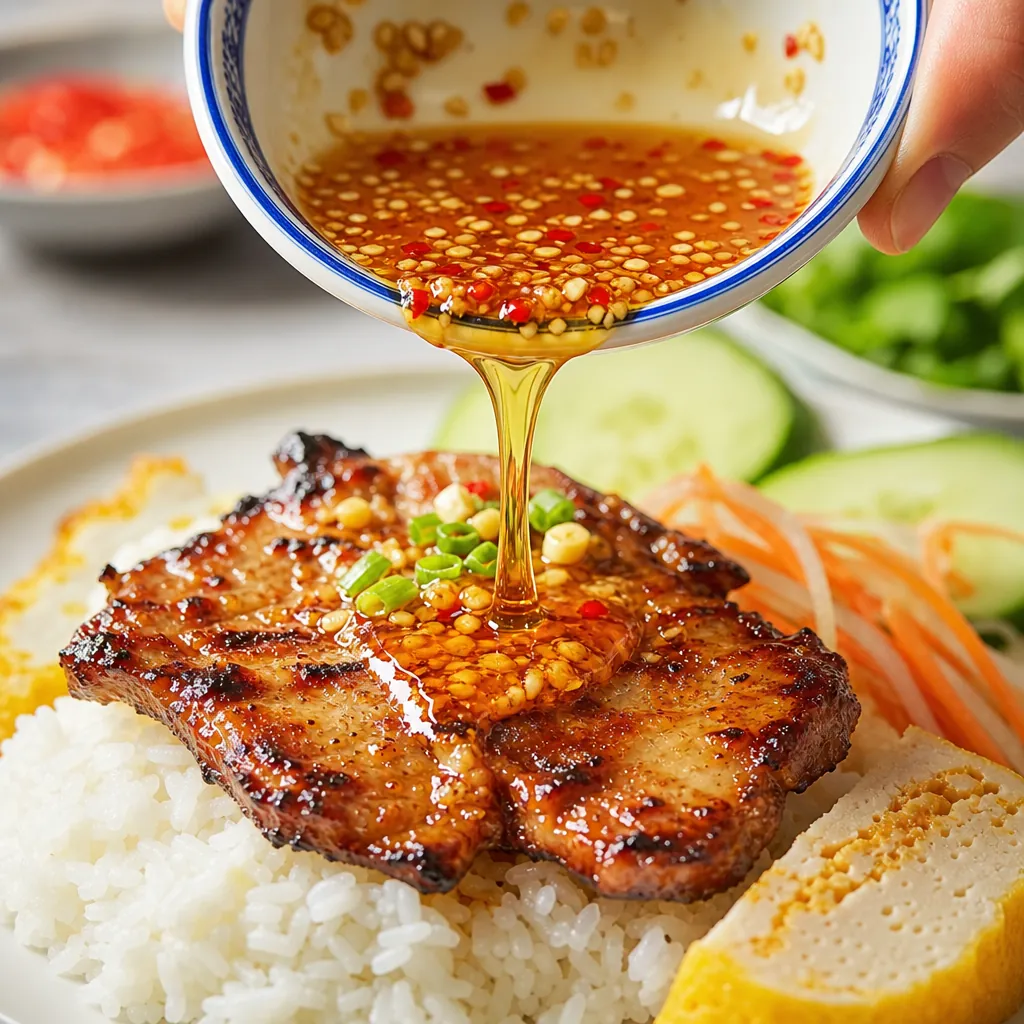 Khoảnh khắc rưới chén nước mắm chua ngọt đậm đà lên đĩa cơm tấm Sài Gòn Linh.