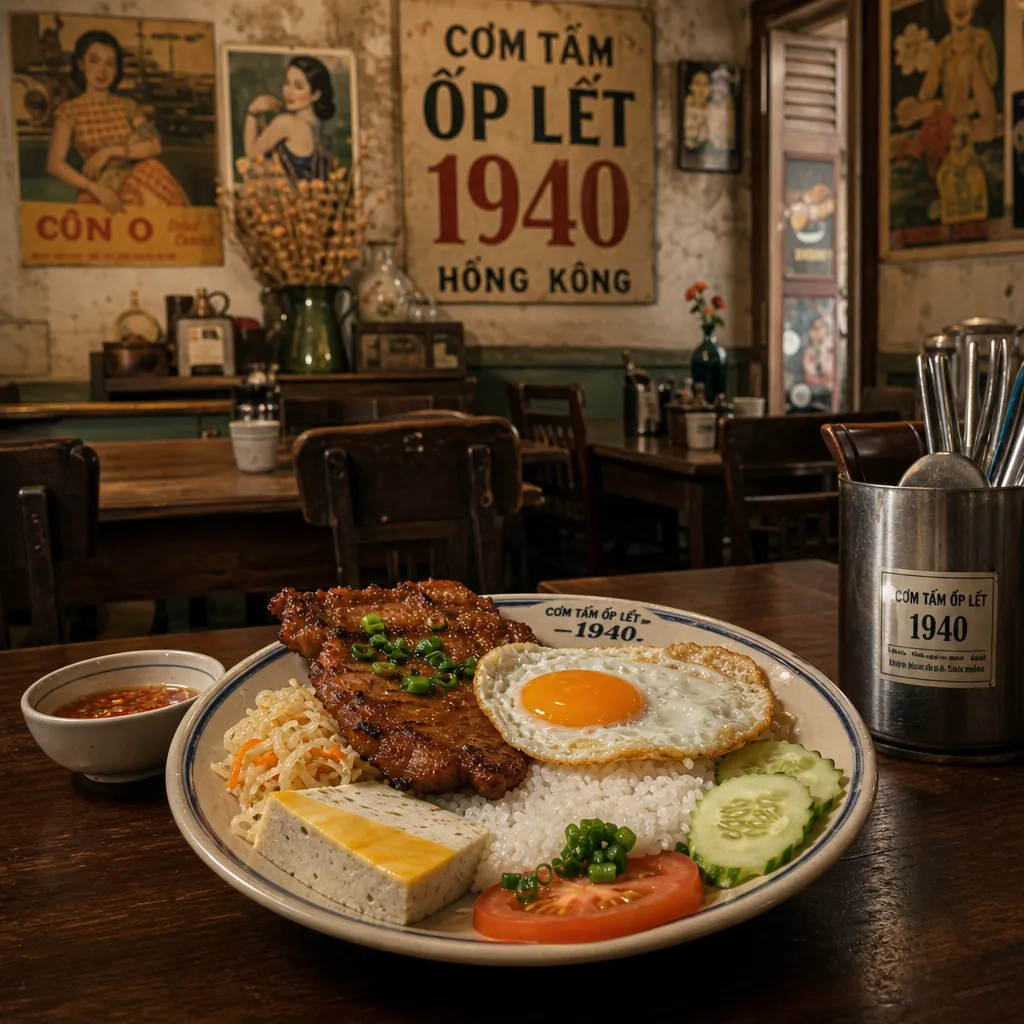 Không gian hoài cổ của quán Cơm Tấm Ốp Lết 1940 với bàn ghế gỗ và vật dụng trang trí xưa.