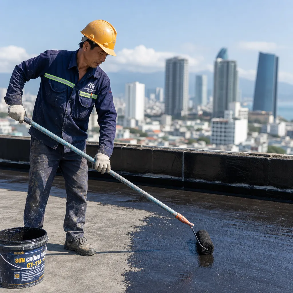 Cận cảnh công nhân đang thi công chống thấm sân thượng tại Đà Nẵng.