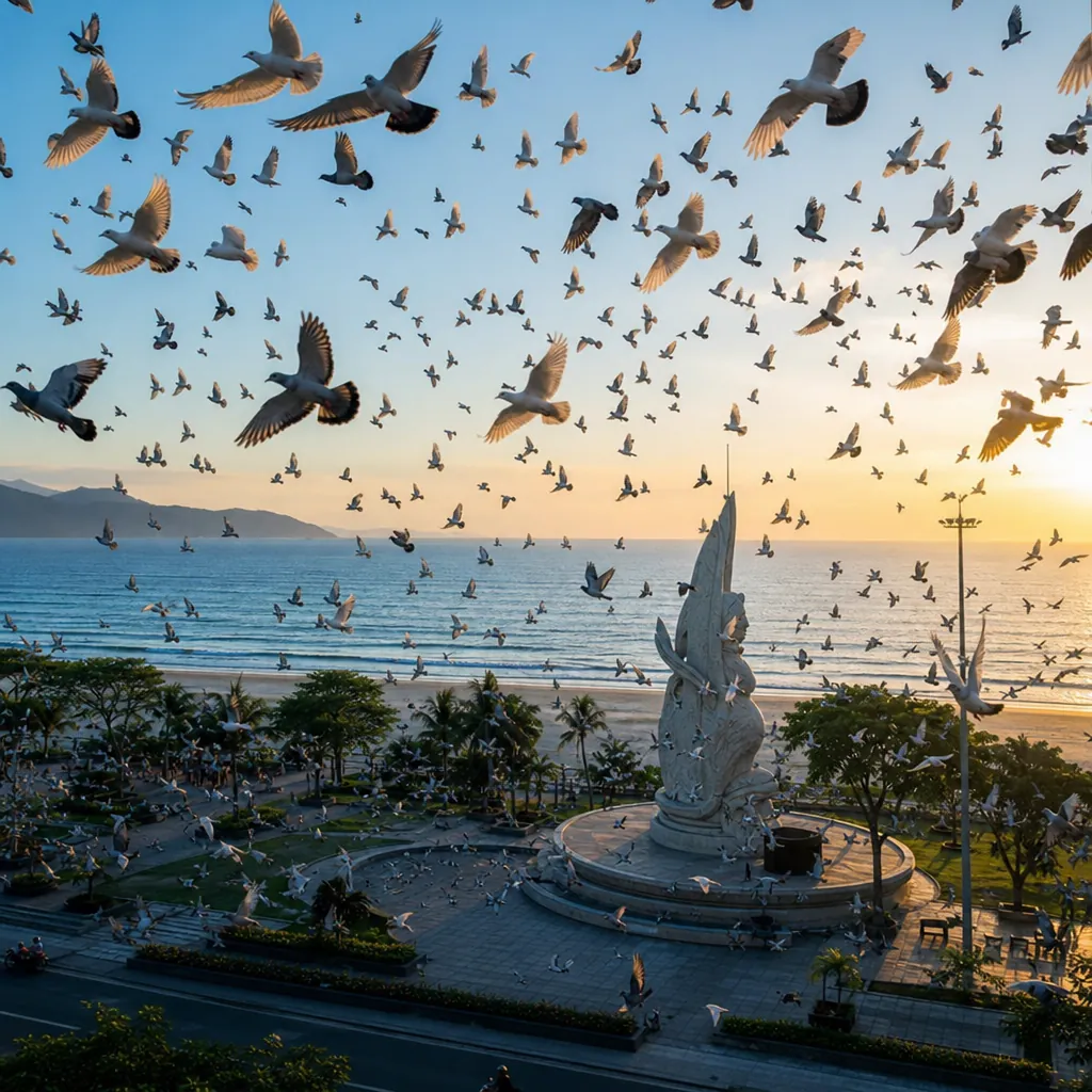 Đàn chim bồ câu hàng ngàn con bay lượn trên bầu trời Công viên Biển Đông Đà Nẵng vào một buổi sáng đẹp trời.