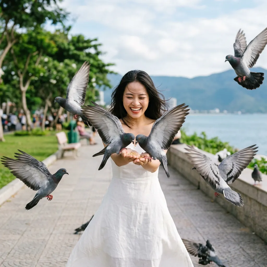 Một du khách nữ đang vui vẻ cho chim bồ câu ăn trên tay tại Công viên Biển Đông.