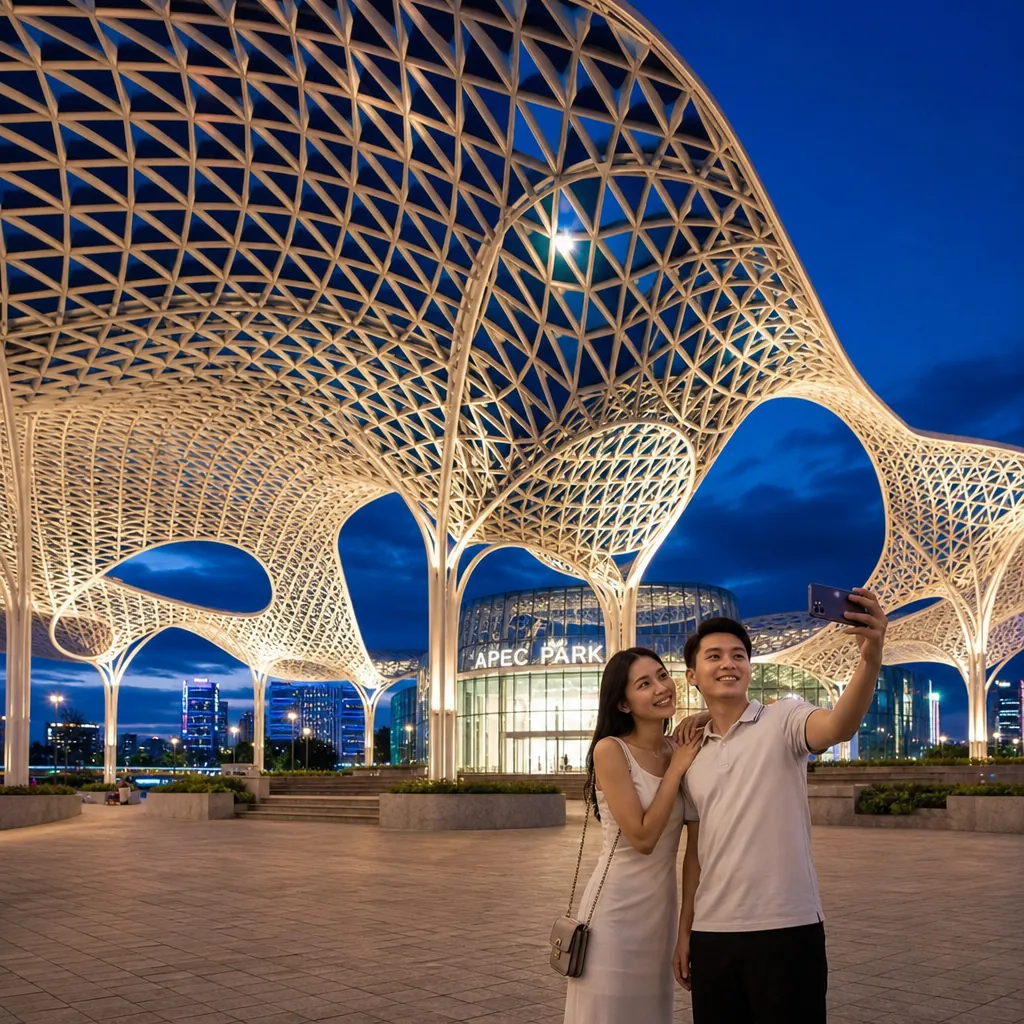 Công viên APEC về đêm với kiến trúc mái vòm 'cánh diều bay cao' được chiếu sáng rực rỡ.