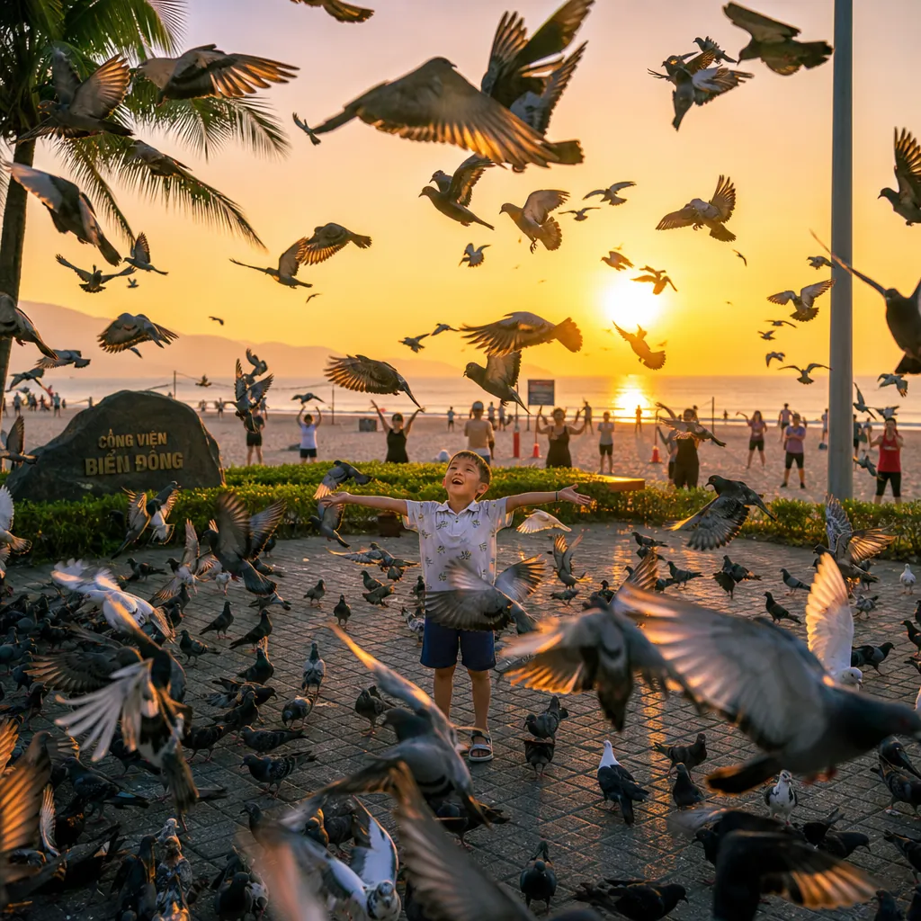 Đàn bồ câu hàng ngàn con bay lượn tại Công viên Biển Đông vào một buổi sáng sớm tràn đầy năng lượng.