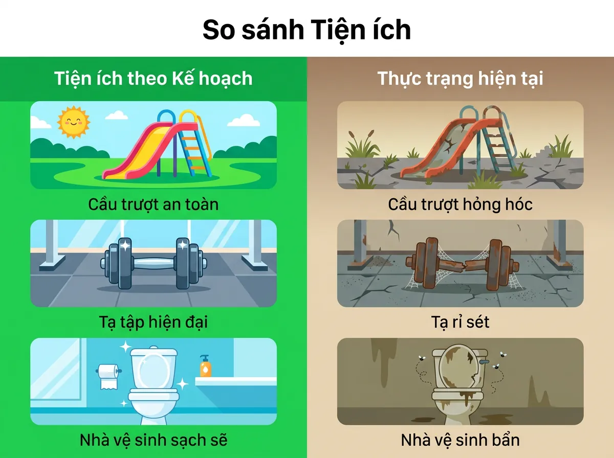 Infographic so sánh các tiện ích được hứa hẹn so với tình trạng thực tế tại Công viên Thanh niên Đà Nẵng.