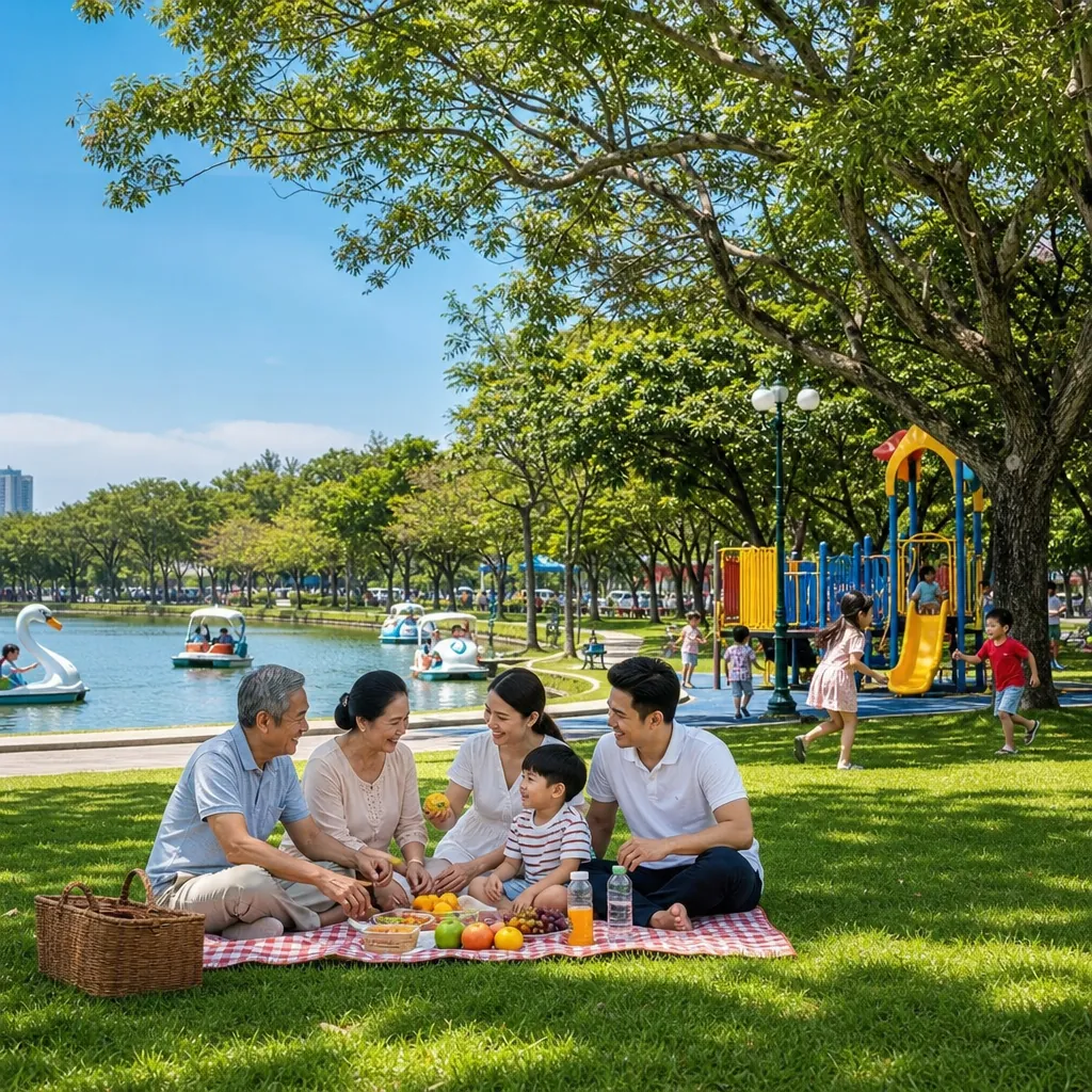 Một gia đình Việt Nam đang vui vẻ dã ngoại tại Công viên 29-3 Đà Nẵng xanh, sạch, đẹp.