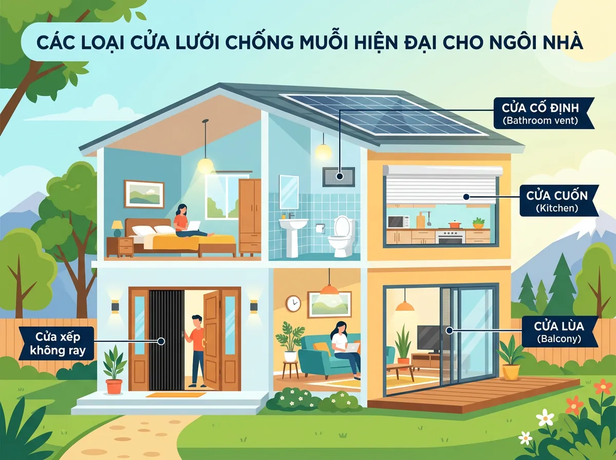 Infographic minh họa các loại cửa lưới chống muỗi khác nhau được lắp đặt tại các vị trí phù hợp trong nhà: cửa cuốn, cửa lùa, cửa xếp, và cửa cố định.