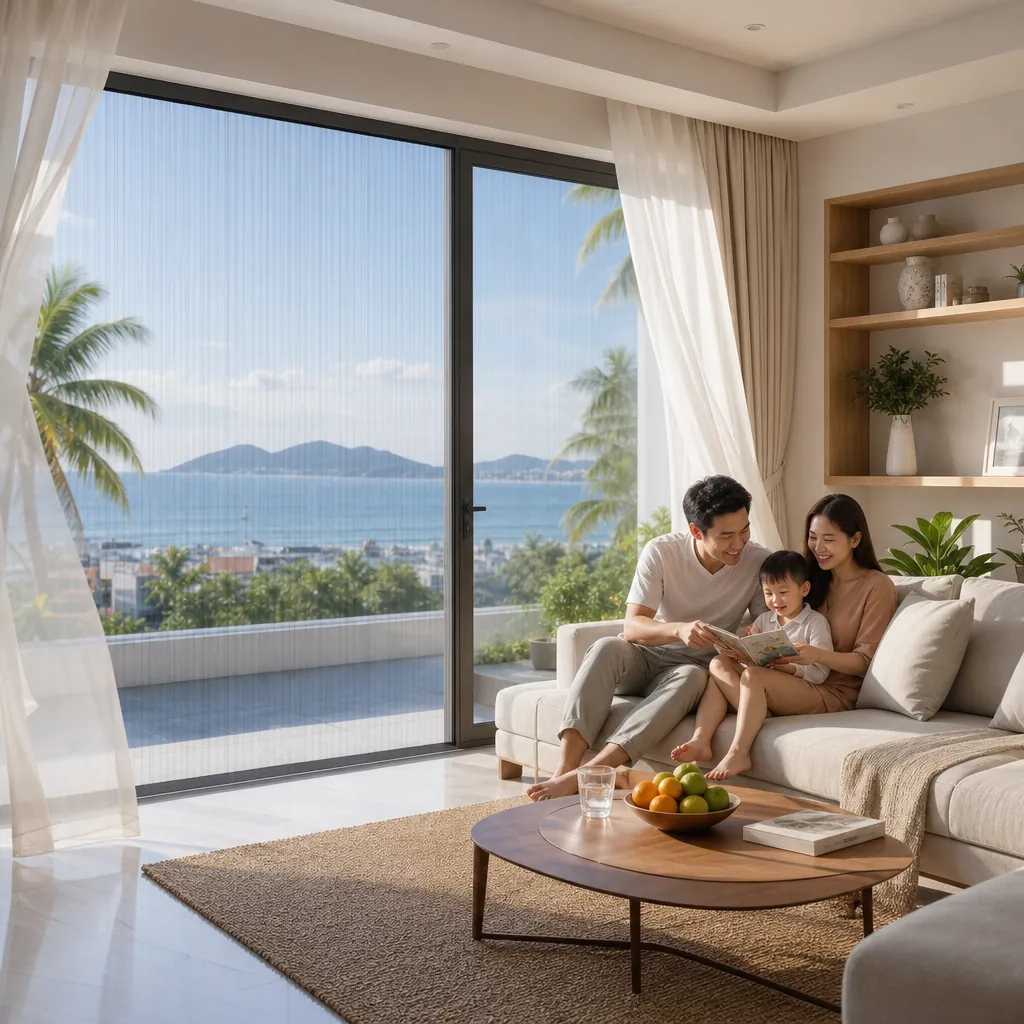 Không gian phòng khách thoáng đãng với cửa lưới chống muỗi, giúp cả gia đình tận hưởng không khí trong lành mà không lo côn trùng.