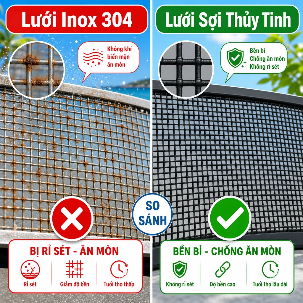 So sánh vật liệu lưới inox 304 bị gỉ sét và lưới sợi thủy tinh bền đẹp trong điều kiện khí hậu biển.
