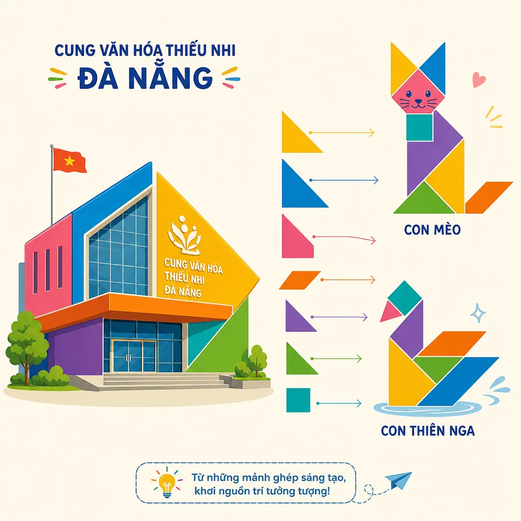 Hình minh họa ý tưởng kiến trúc Cung Văn hóa Thiếu nhi Đà Nẵng được lấy cảm hứng từ trò chơi xếp hình Tangram.