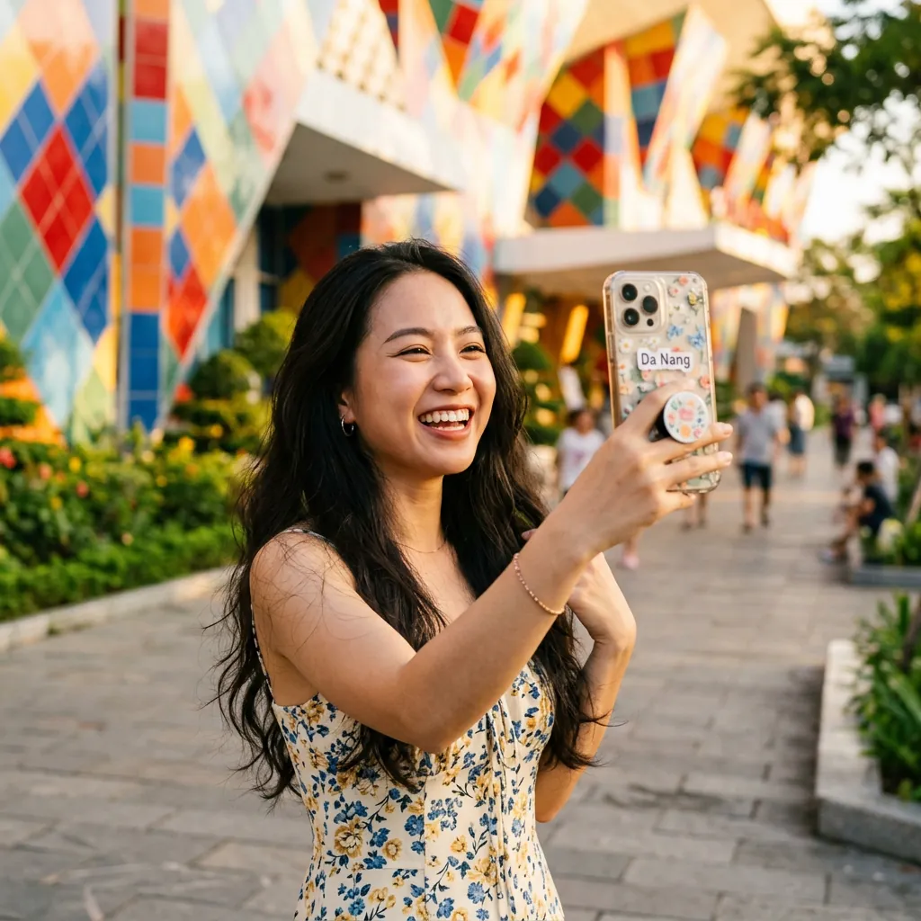Một bạn trẻ đang vui vẻ chụp ảnh check-in tại khu vực ngoài trời của Cung Văn hóa Thiếu nhi Đà Nẵng.