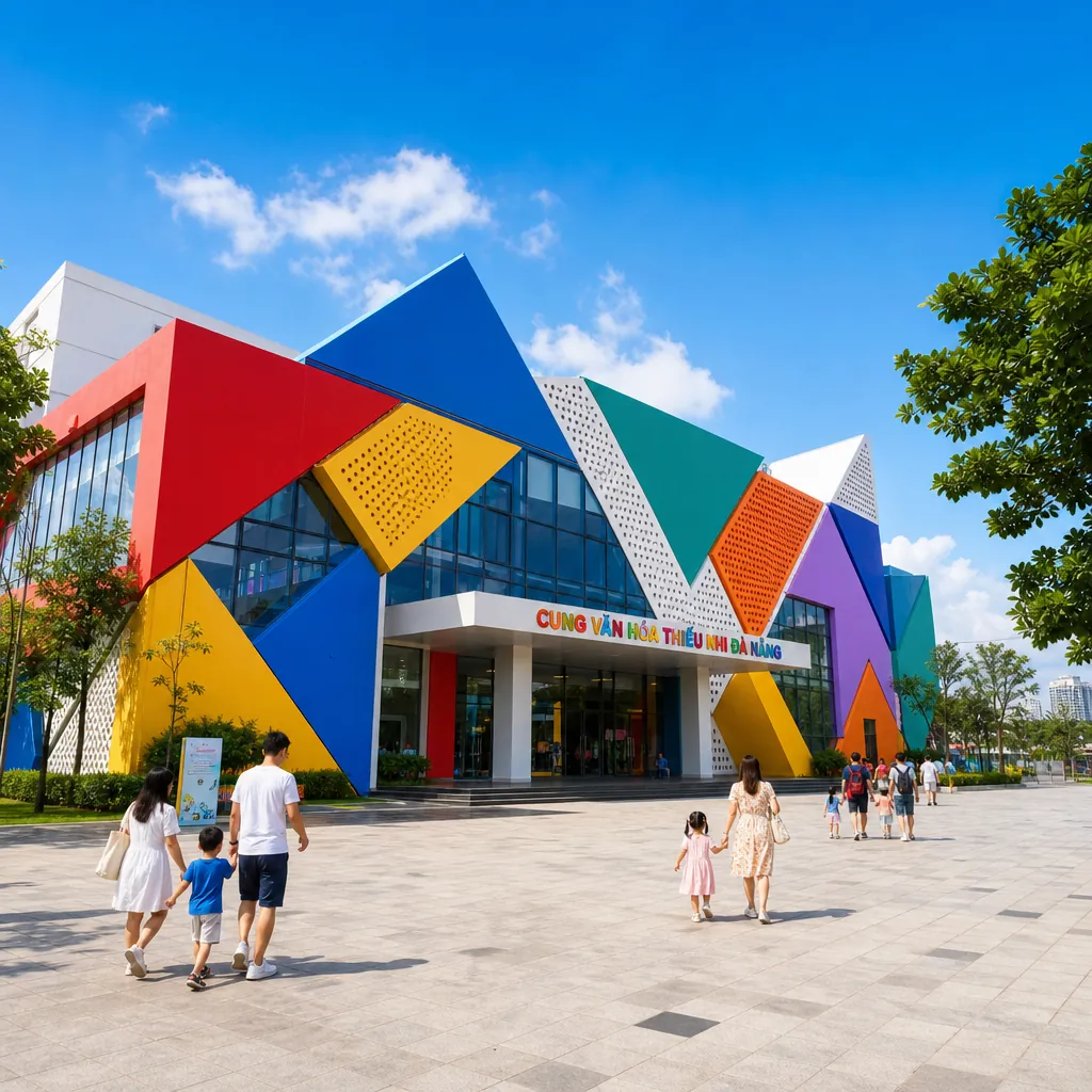 Toàn cảnh kiến trúc Tangram độc đáo và đầy màu sắc của Cung Văn hóa Thiếu nhi Đà Nẵng vào một ngày nắng đẹp.