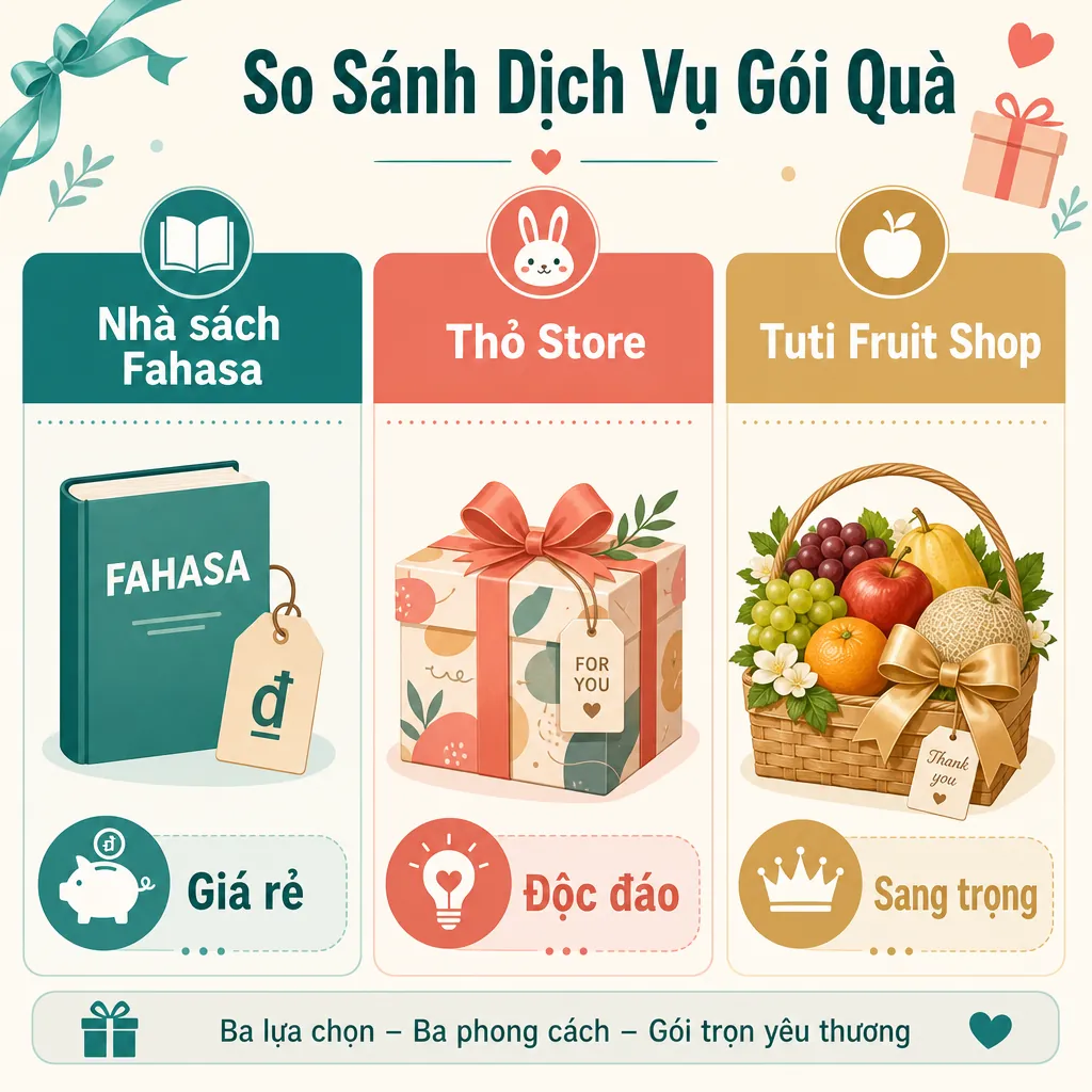 Infographic so sánh ba dịch vụ gói quà tại Đà Nẵng: Fahasa (giá rẻ), Thỏ Store (độc đáo), và Tuti Fruit Shop (sang trọng).