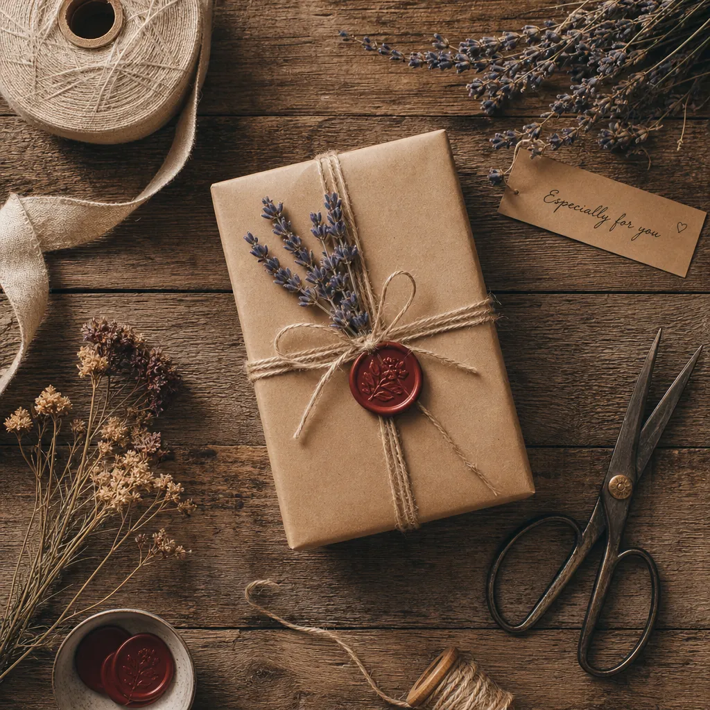 Một món quà được gói theo phong cách vintage, tỉ mỉ với giấy kraft, hoa khô và con dấu sáp trên bàn gỗ.