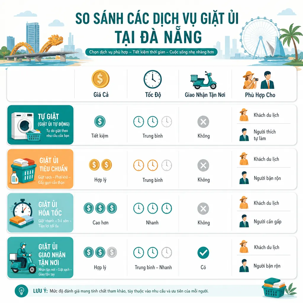 Bảng so sánh các dịch vụ giặt ủi tại Đà Nẵng theo các tiêu chí giá cả, tốc độ, và giao nhận tận nơi.