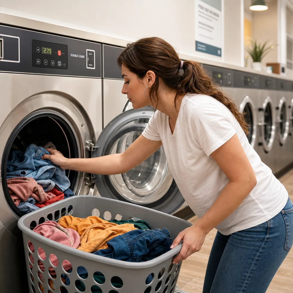 Một người đang bỏ quần áo thông thường như áo thun, quần jeans vào máy giặt sấy.