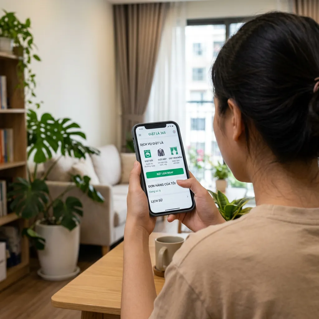 Một người đang sử dụng ứng dụng di động trên điện thoại để đặt dịch vụ giặt ủi tại Đà Nẵng.