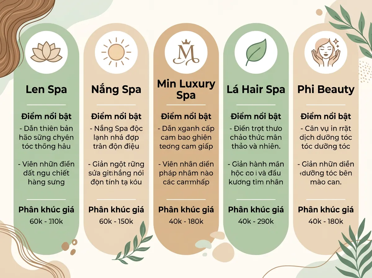 Bảng tóm tắt so sánh 5 spa gội đầu dưỡng sinh hàng đầu tại Đà Nẵng, bao gồm Len Spa, Nắng Spa, Min Luxury Spa, Lá Hair Spa, và Phi Beauty.
