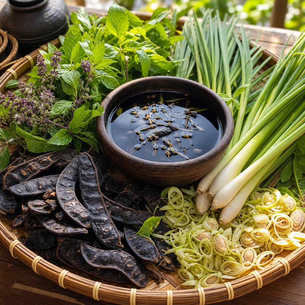 Các loại thảo dược tự nhiên như bồ kết, sả, hương nhu được chuẩn bị để nấu nước gội đầu dưỡng sinh.