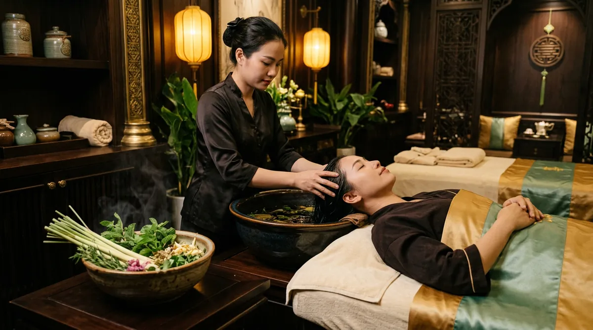 Khung cảnh bên trong một spa gội đầu dưỡng sinh sang trọng tại Đà Nẵng, khách hàng đang thư giãn trong không gian ấm cúng, đẳng cấp.