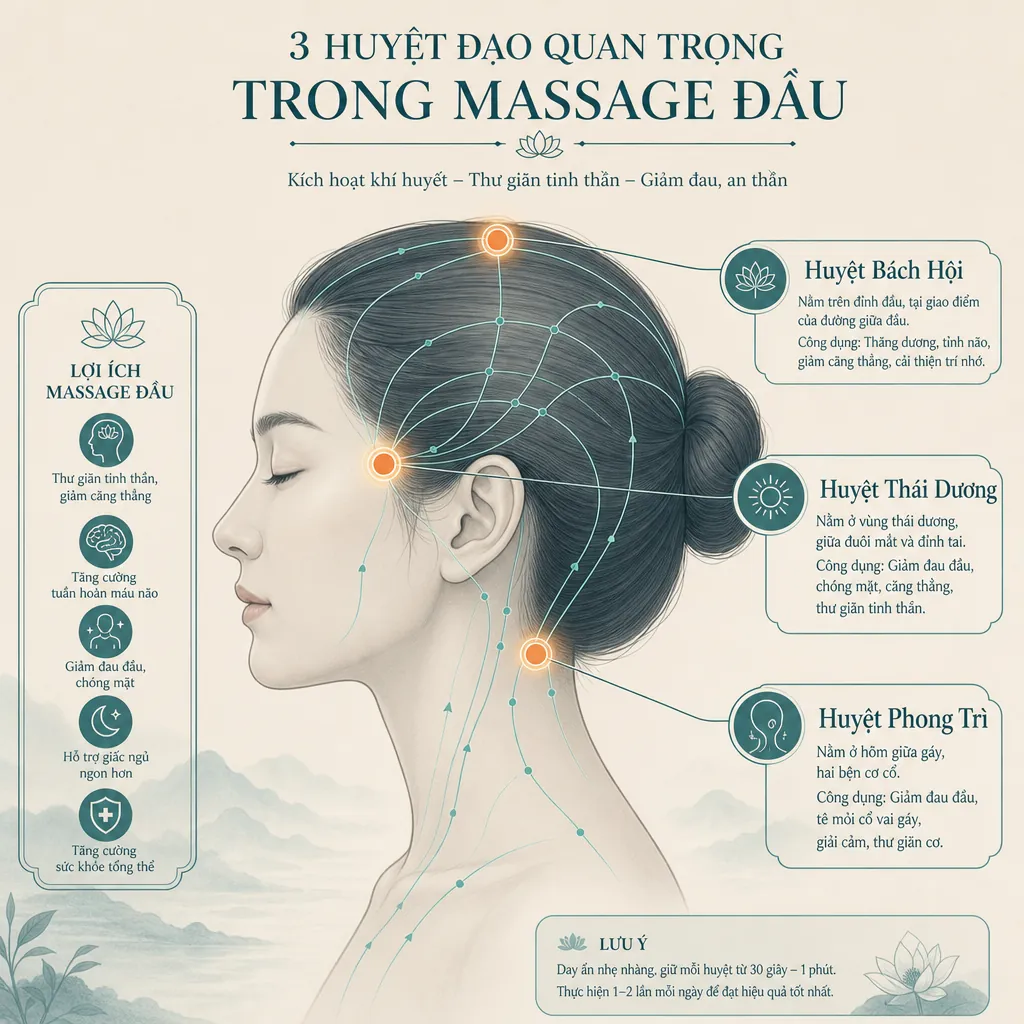 Sơ đồ minh họa các huyệt đạo quan trọng trên vùng đầu, cổ và vai như Bách Hội, Thái Dương, Phong Trì trong gội đầu dưỡng sinh.