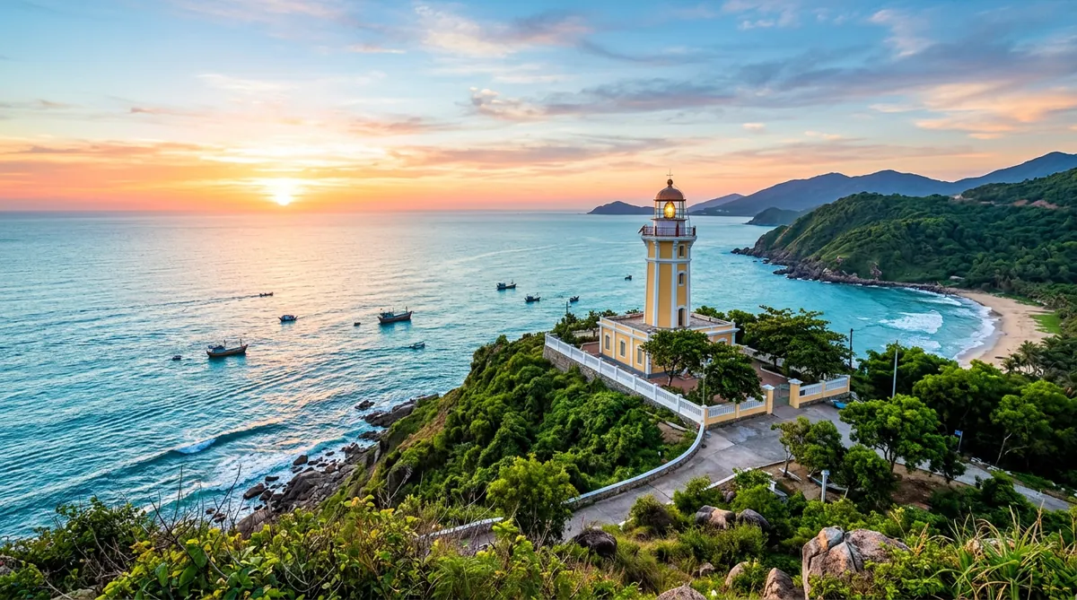 Hải đăng Tiên Sa cổ kính trên đỉnh núi Sơn Trà lúc bình minh.