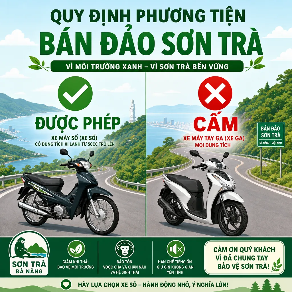 Infographic về quy định cấm xe tay ga và cho phép xe số lên Bán đảo Sơn Trà.