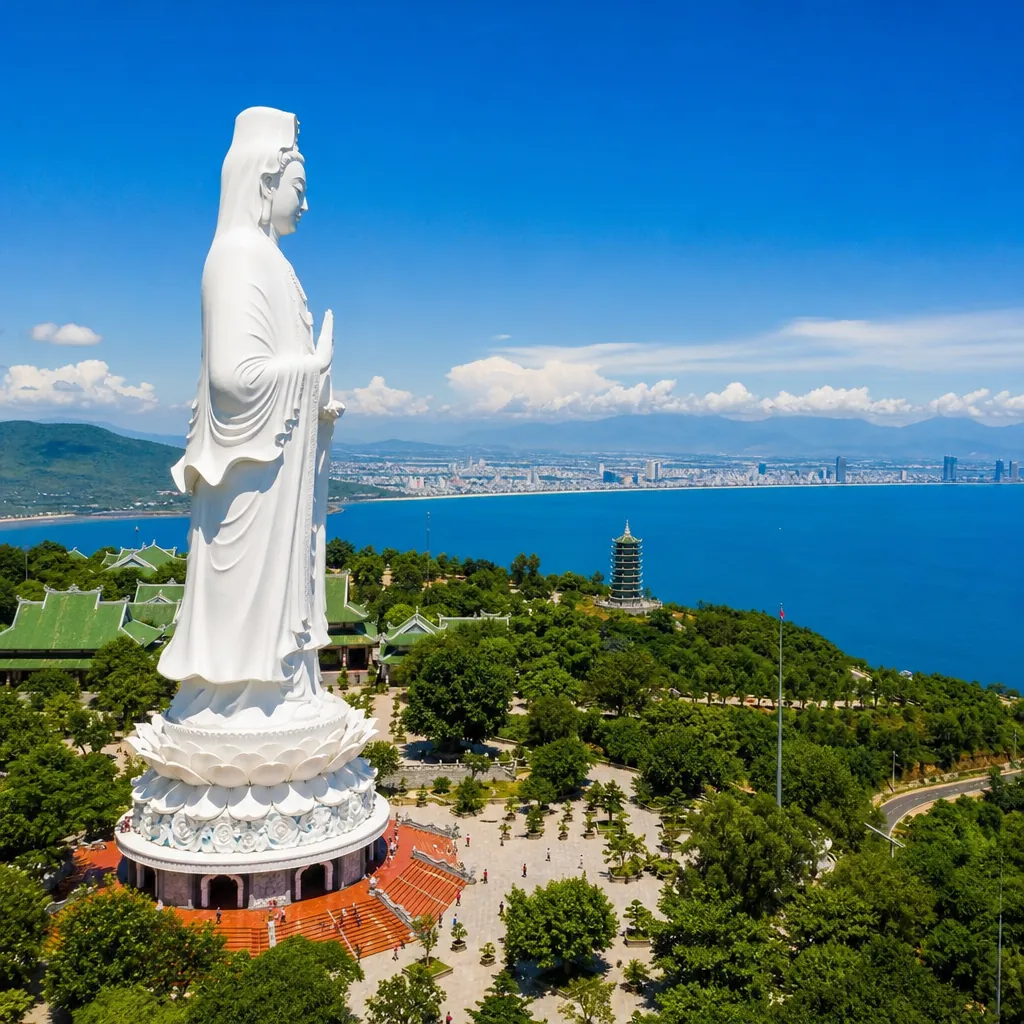 Tượng Phật Quan Âm cao nhất Việt Nam tại Chùa Linh Ứng, bán đảo Sơn Trà, nhìn ra biển.