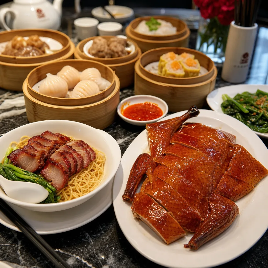 Bàn tiệc thịnh soạn với các món ăn Trung Hoa như vịt quay, mì xá xíu và dimsum tại nhà hàng Phì Lũ.