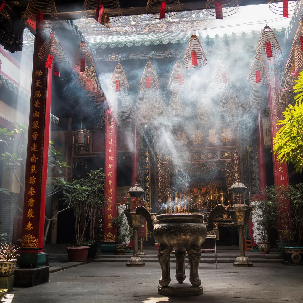 Bên trong Hội quán Phúc Kiến ở Hội An với những vòng nhang lớn đang cháy, tạo nên một không gian linh thiêng và huyền ảo.
