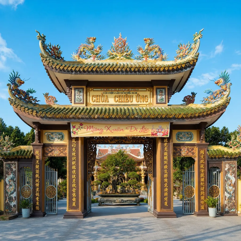 Cổng tam quan của Chùa Chiêu Ứng ở Đà Nẵng với kiến trúc mái cong và họa tiết rồng phượng đặc trưng.