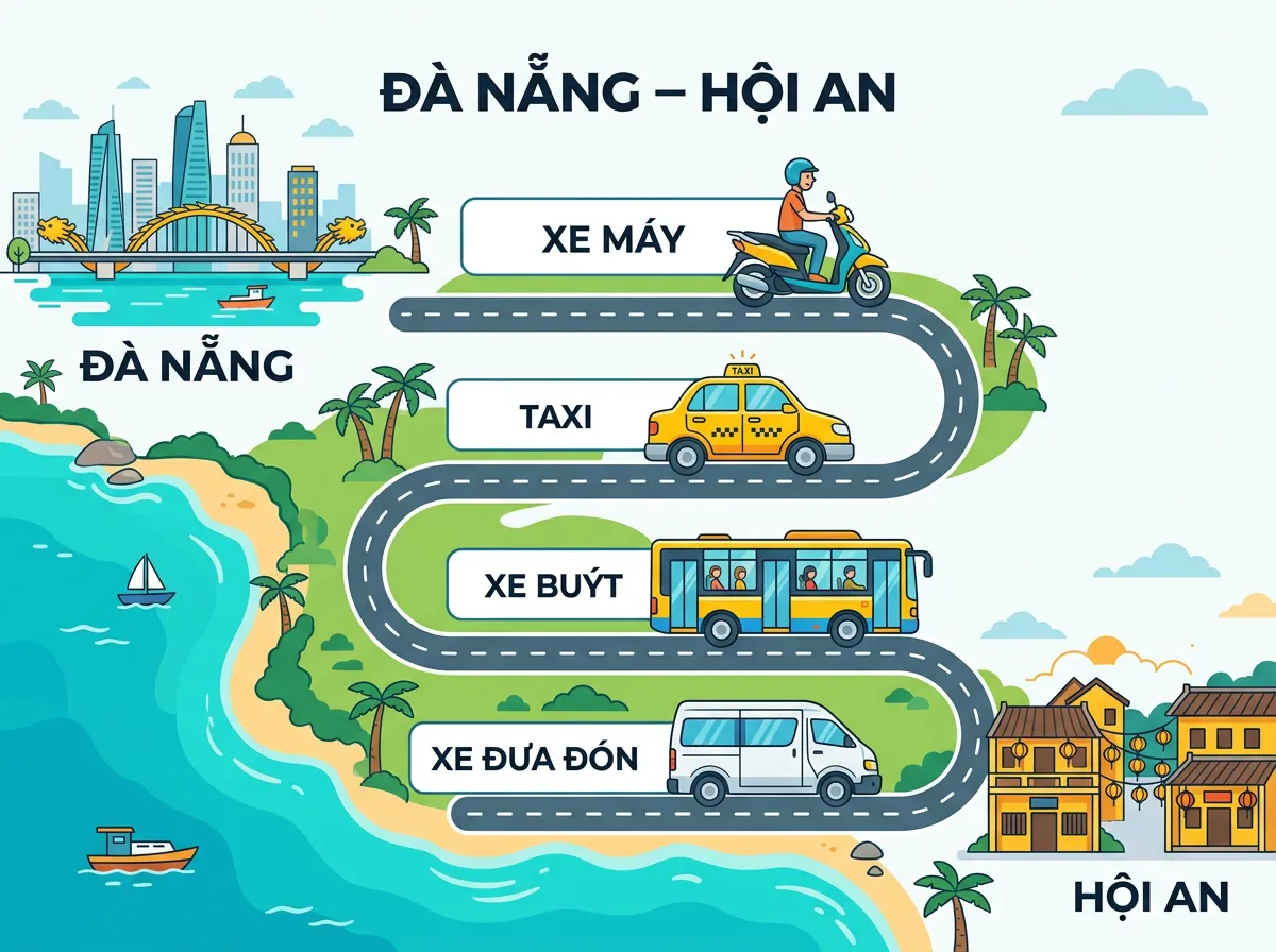 Sơ đồ họa thông tin về các phương tiện di chuyển từ Đà Nẵng đến Hội An bao gồm xe máy, taxi, xe buýt và xe đưa đón.