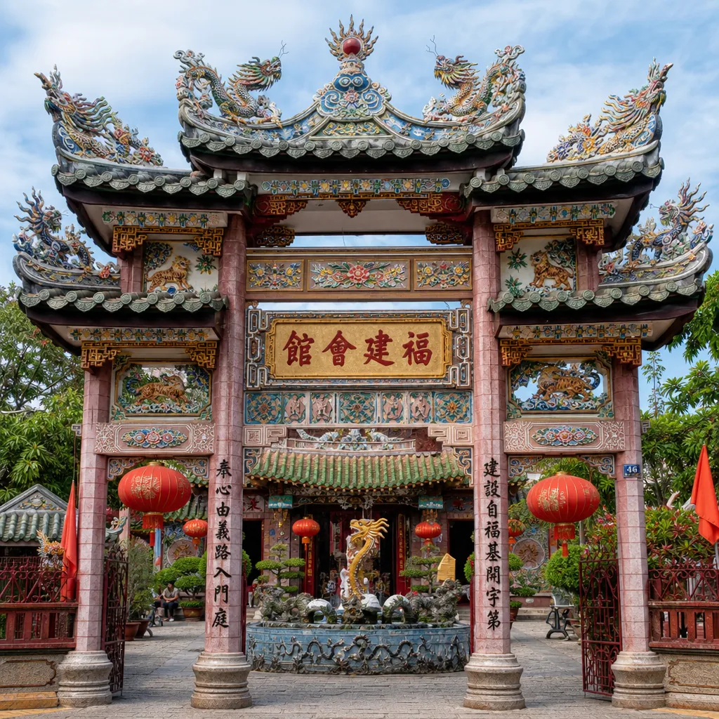 Cận cảnh Cổng Tam Quan đầy màu sắc và tinh xảo của Hội quán Phước Kiến.