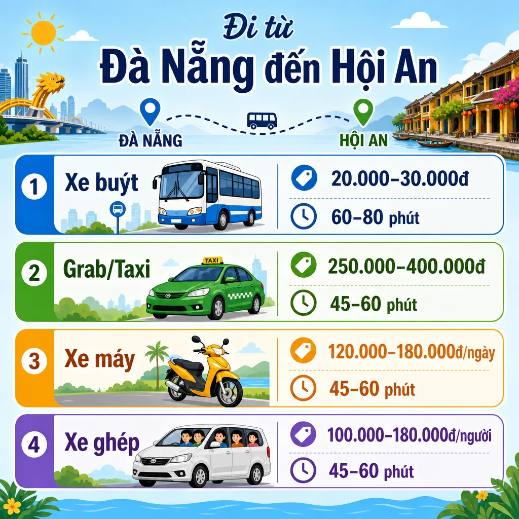 Infographic so sánh các phương tiện di chuyển từ Đà Nẵng đến Hội An, bao gồm xe buýt, taxi, xe máy và xe ghép.