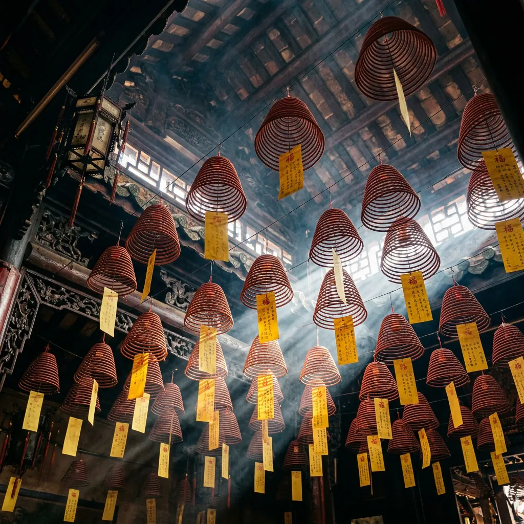 Những vòng nhang khổng lồ màu đỏ hình xoắn ốc treo trên trần của Hội quán Phước Kiến.