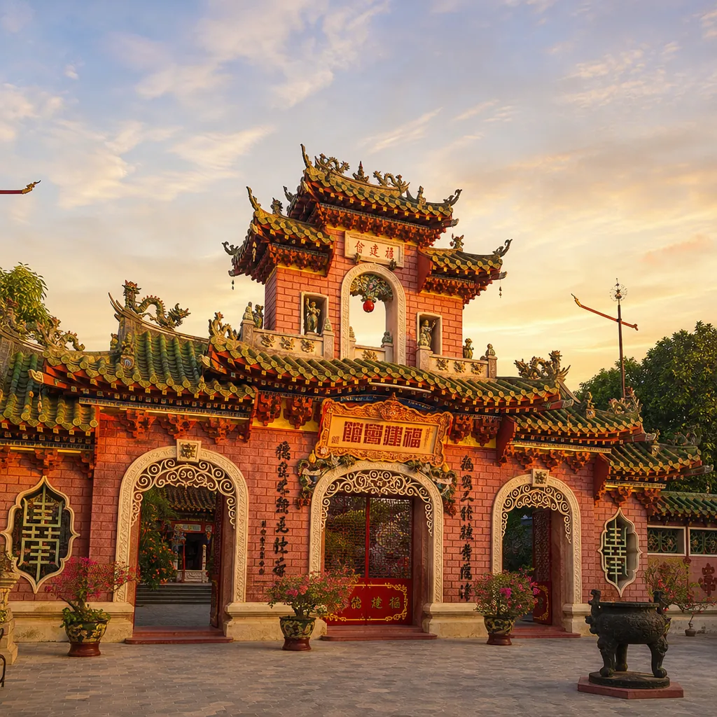 Toàn cảnh mặt tiền uy nghi của Hội quán Phước Kiến tại Hội An dưới ánh nắng hoàng hôn.